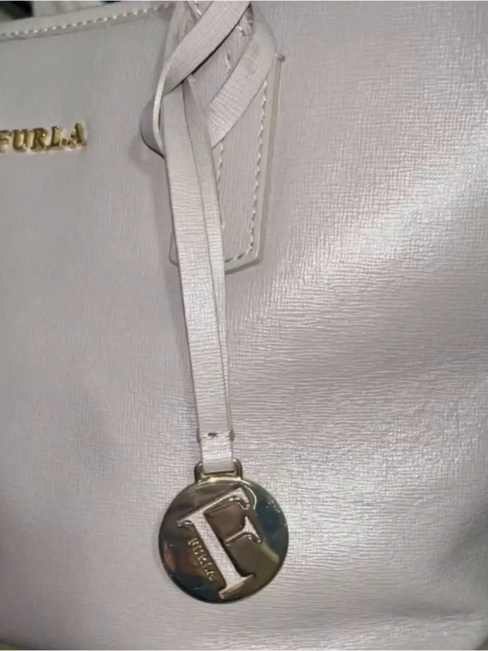 Furla Pearl Gray Italian Saffiano Leather Tote Purse Bag with Charm EUC
